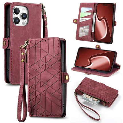 Geometric Zipper Wallet Case For Everyday Phone Carry burgundy PU leather wallet phone case with wrist strap, card slots, zipper pocket, stand feature