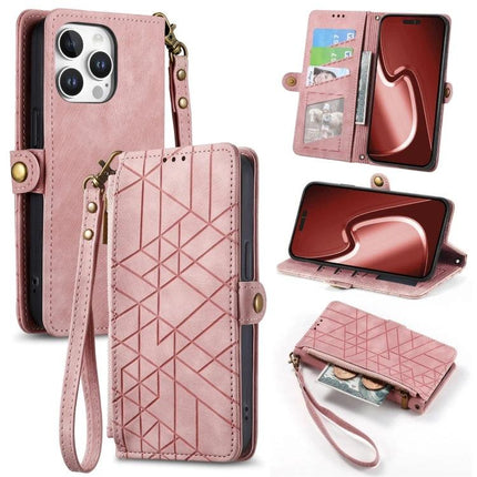 Geometric Zipper Wallet Case For Everyday Phone Carry in pink PU with wrist strap, card slots, stand function and zippered cash pocket