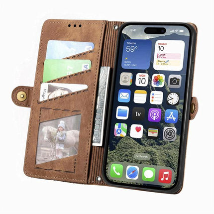 Practical Wallet Phone Case for Everyday Carry showing brown folio with phone, card slots, cash pocket and durable PU exterior