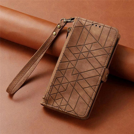 Practical Wallet Phone Case for Everyday Carry in brown PU with geometric pattern, wrist strap and card slots for commuting and travel