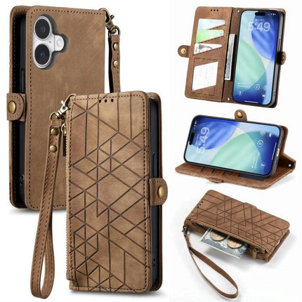 Practical Wallet Phone Case for Everyday Carry brown PU leather folio with card slots, wrist strap, stand and zippered cash pocket