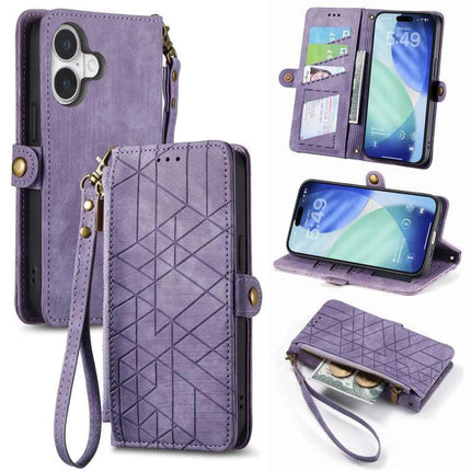 Practical Wallet Phone Case for Everyday Carry - purple PU leather folio with card slots, wrist strap, stand and zippered cash pocket