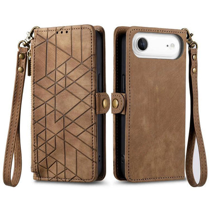 Geometric Zipper Wallet Case For Everyday Phone Carry in brown PU with geometric pattern, wrist strap and card slots