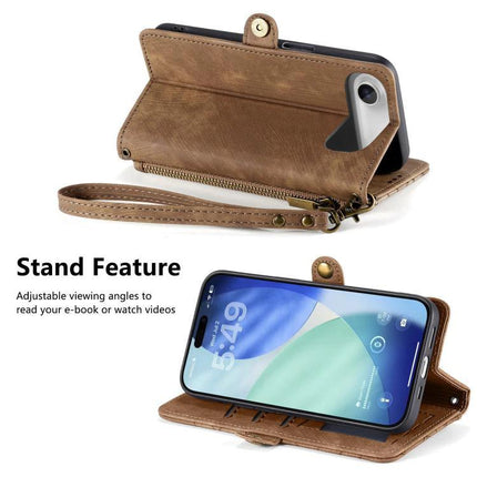 Geometric Zipper Wallet Case For Everyday Phone Carry in brown faux leather with wrist strap and stand feature, showing card slots and phone viewing angle