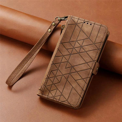 Geometric Zipper Wallet Case For Everyday Phone Carry in brown PU with geometric pattern, zip wrist strap and card slot phone wallet