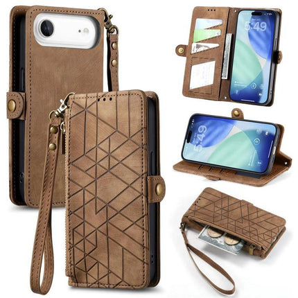 Geometric Zipper Wallet Case For Everyday Phone Carry brown PU leather zipper wallet phone case with geometric pattern, card slots and wrist strap