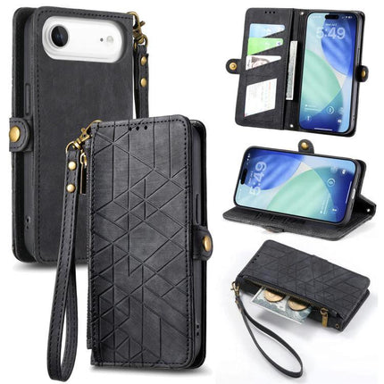 Geometric Zipper Wallet Case For Everyday Phone Carry showing black geometric PU zipper wallet phone case with card slots, wrist strap, and stand feature