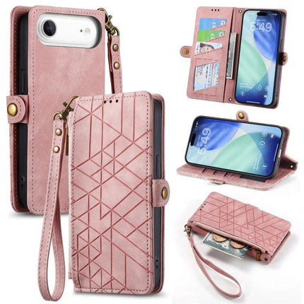 Geometric Zipper Wallet Case For Everyday Phone Carry in pink PU with geometric stitch, card slots, wrist strap and phone stand functionality