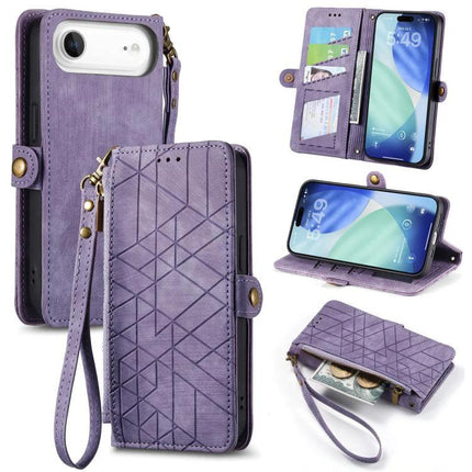 Geometric Zipper Wallet Case For Everyday Phone Carry in purple PU with wrist strap, card slots, zipper pocket and stand function