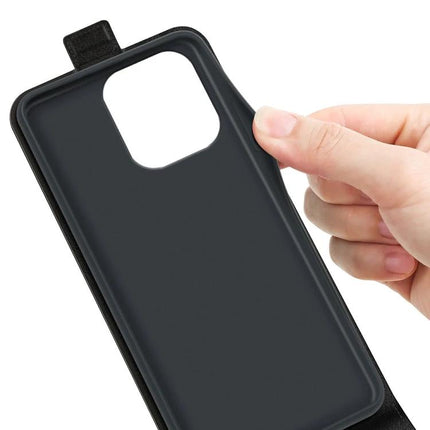 Essential Phone Case With Card Holder in black PU/TPU showing card pocket and camera cutout held by hand