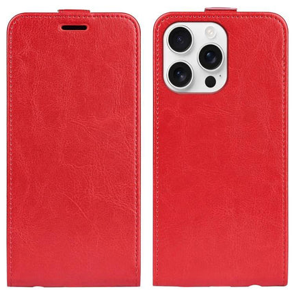 Essential Leather Flip Case With Card Slot in red PU leather, front and back view showing camera cutout and card slot functionality