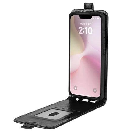 Essential Leather Flip Case With Card Slot in black PU leather showing phone and interior card slot