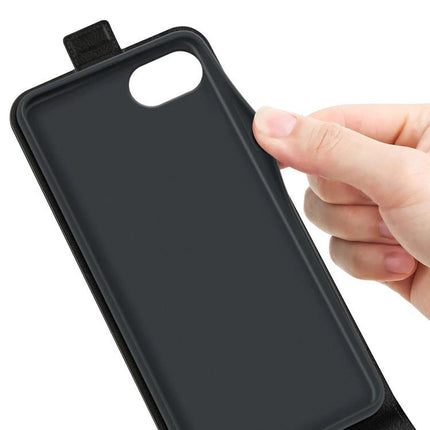 Essential Leather Flip Case With Card Slot in black PU leather-style with inner shell, showing hand holding open cover and card pocket