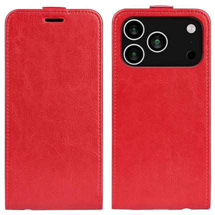 Essential Leather Flip Case With Card Slot in red PU leather showing front and back with camera cutout and card storage