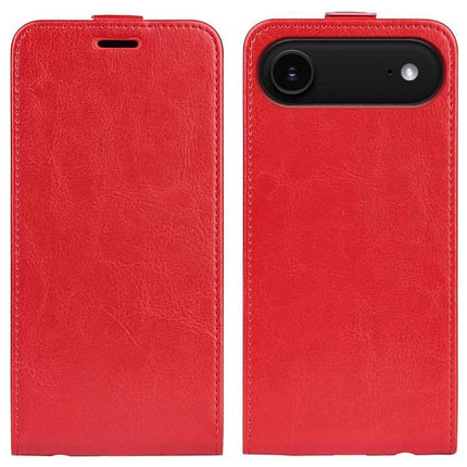 Essential Leather Flip Case With Card Slot in red PU leather showing front and back with camera cutout and card storage