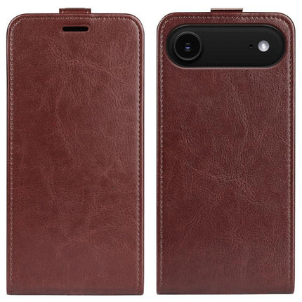 Essential Leather Flip Case With Card Slot in brown PU leather, front and back view showing card slot and camera cutout
