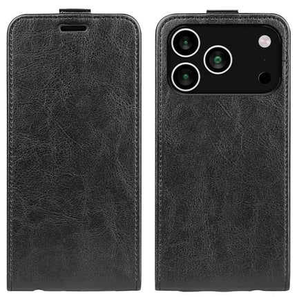 Essential Leather Flip Case With Card Slot in black leather-like PU showing front and rear with camera cutout and card storage