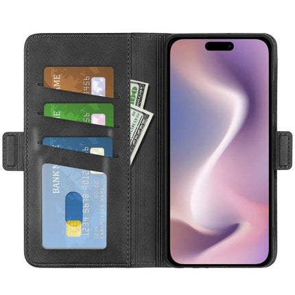 Leather Flip Phone Case for Everyday Carry open black PU wallet case with card slots and hands-free viewing