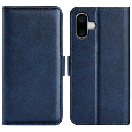 PU Leather Wallet Case for iPhone With Card Slot in navy blue showing front and back, magnetic folio cover with camera cutout and card slots