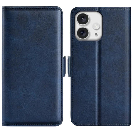 PU Leather Wallet Case for iPhone With Card Slot in navy blue showing front and back with camera cutout and card storage