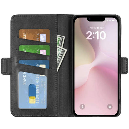 Leather Flip Case for Daily Phone Protection and Card Storage showing black PU wallet case with card slots, cash pocket and horizontal viewing for phone