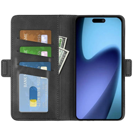 PU Leather Wallet Case for iPhone With Card Slot showing open black wallet with phone, multiple card slots and cash organizer