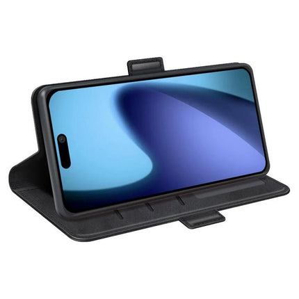 PU Leather Wallet Case for iPhone With Card Slot showing black folio stand, card slots, and phone in landscape