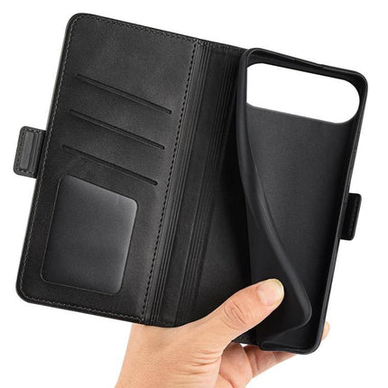 PU Leather Wallet Case for iPhone With Card Slot showing black folio design, multiple card slots and flexible TPU phone holder