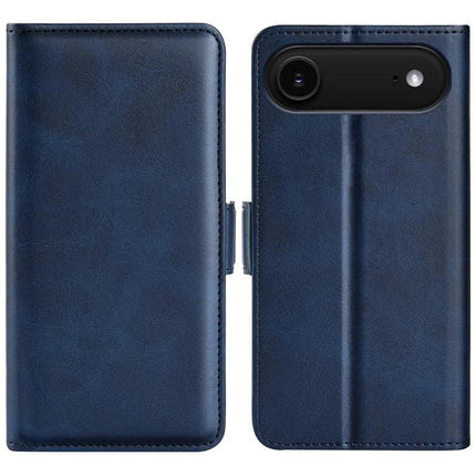 PU Leather Wallet Case for iPhone With Card Slot in navy blue showing front and back with card slots and camera cutout