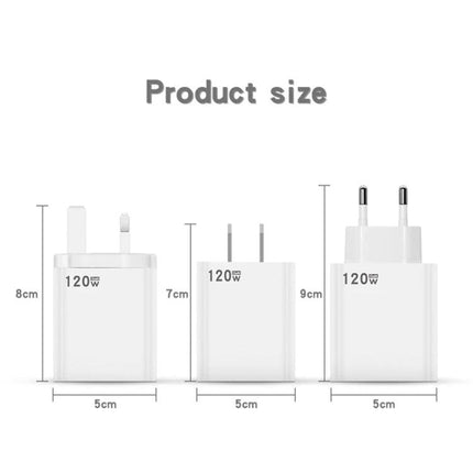 Daily Charger for Phones and Devices on the Go compact 120W white wall chargers in three plug sizes with dimensions shown