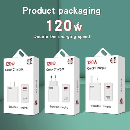Daily Charger for Phones and Devices on the Go - 120W quick charger product packaging showing three portable fast charging adapters for everyday use