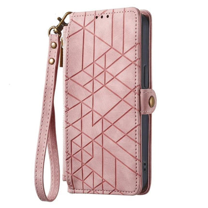 Slim Phone Wallet Case With Card Slot in pink geometric folio with wrist strap, card slots and snap closure