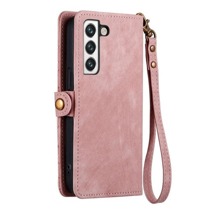 Slim Phone Wallet Case With Card Slot in pink faux leather with wrist strap, card slots and TPU corner protection