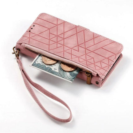 Slim Phone Wallet Case With Card Slot in pink with wrist strap, zipper pocket holding cash and coins, slim protective phone wallet