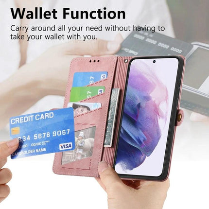 Slim Phone Wallet Case With Card Slot showing pink folio wallet phone case with multiple card slots, cash pocket and wrist strap for hands-free carry