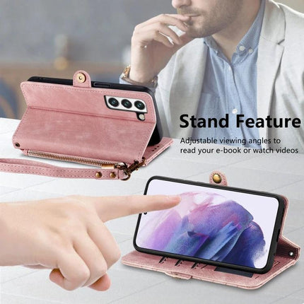 Slim Phone Wallet Case With Card Slot in pink showing stand feature, wrist strap, card slots and four-corner TPU protection