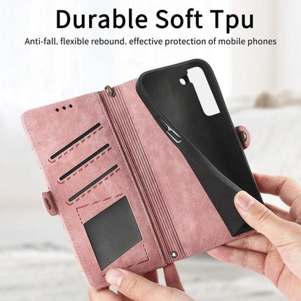 Slim Phone Wallet Case With Card Slot showing pink folio design, integrated card slots, cash pocket, TPU inner shell and wrist strap for hands-free carry