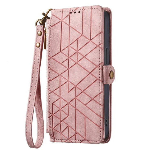 Wallet Phone Case For Everyday Carry With Card Slots in pink PU leather with geometric pattern, wrist strap, card slots and built-in stand