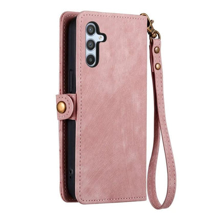 Wallet Phone Case For Everyday Carry With Card Slots in pink PU leather with wrist strap, card slots, cash pocket and built-in stand