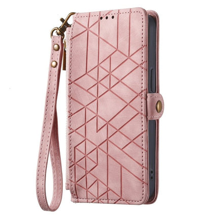 Wallet Phone Case With Card Slot For Everyday Errands - pink geometric PU wallet phone case with wrist strap and card slots
