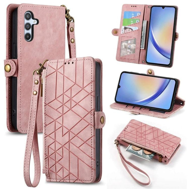 Geometric Phone Case With Zipper Wallet For Everyday Use - pink PU wallet case with geometric pattern, card slots, wrist strap, and stand feature