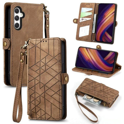 Samsung Wallet Style Phone Case For Daily Essentials brown leather wallet case with card slots, cash compartment, wrist strap and geometric design