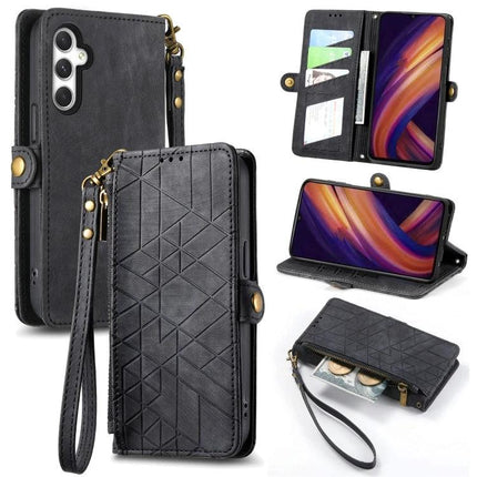 Samsung Wallet Style Phone Case For Daily Essentials black leather wallet case with card slots, cash pocket, wrist strap and stand