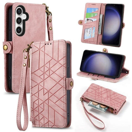 Samsung Wallet Style Phone Case For Daily Essentials - pink geometric leather wallet case with card slots, cash pocket, wrist strap and phone stand