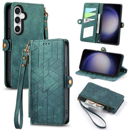Samsung Wallet Style Phone Case For Daily Essentials in teal with card slots, cash pocket, wrist strap and protective fold-over cover