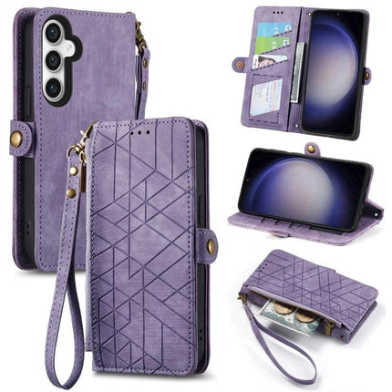 Samsung Wallet Style Phone Case For Daily Essentials in purple faux leather with card slots, cash pocket, wrist strap and kickstand