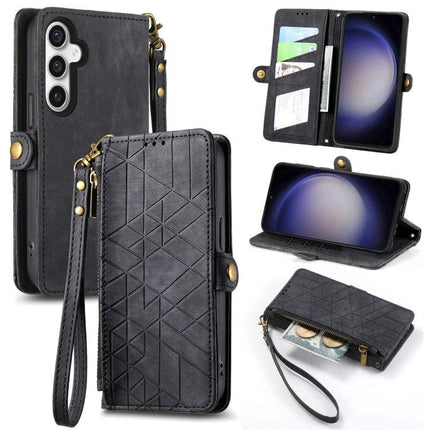 Samsung Wallet Style Phone Case For Daily Essentials with black leather wallet design, card slots, cash pocket, wrist strap and phone protection
