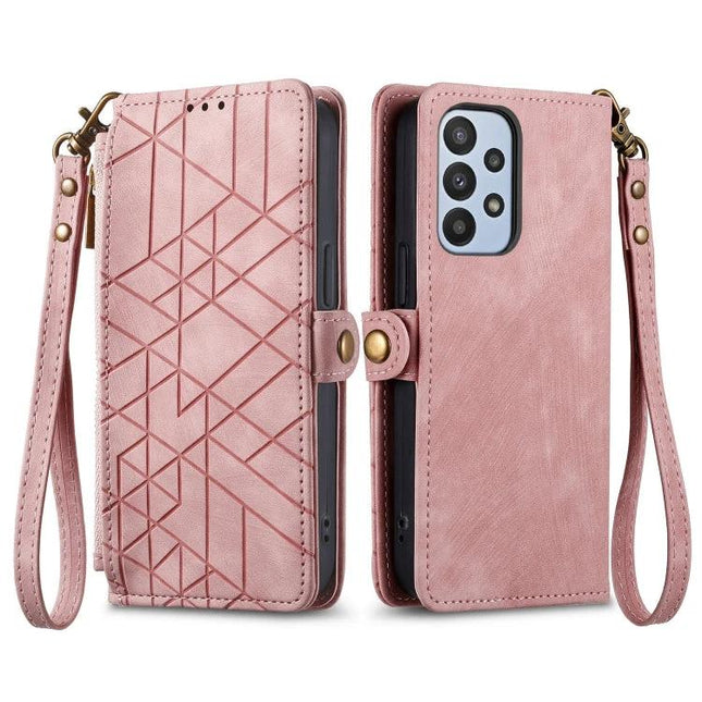Wallet Phone Case With Card Slots For Daily Essentials And Protection On The Go Anywhere pink geometric wallet phone case with wrist strap and card slots