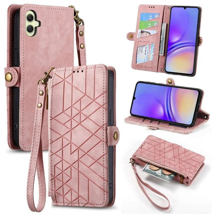 Geometric Phone Case Wallet For Samsung Galaxy Everyday Use - pink geometric leather wallet case with card slots, wrist strap, and kickstand