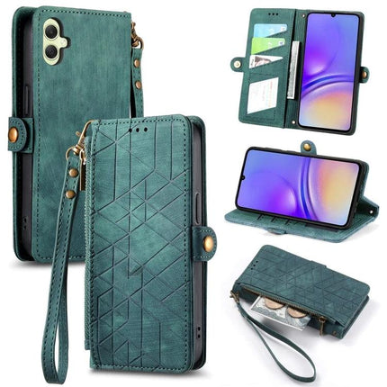 Geometric Phone Case Wallet For Samsung Galaxy Everyday Use - teal geometric wallet case with card slots, wrist strap, stand and zipper pocket